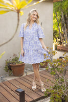 VOY Striped Dress with Floral Embroidery in Blue
