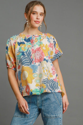 Umgee Floral Print Half Button Down Top in Honey Mix