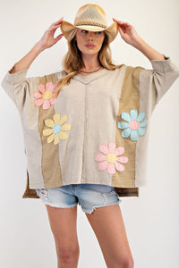 Easel OVERSIZED Flower Patched Top in Olive Grey