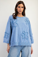 Easel Solid Color Terry Knit Raised Flower Patch Top in Denim