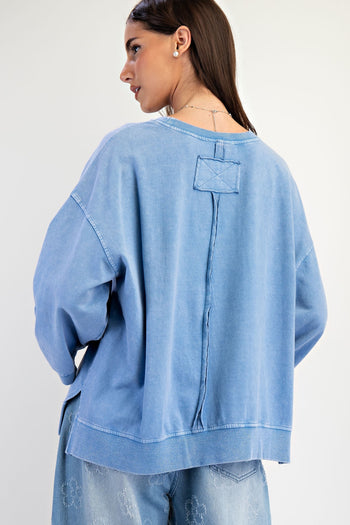 Easel Solid Color Terry Knit Raised Flower Patch Top in Denim
