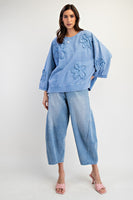 Easel Solid Color Terry Knit Raised Flower Patch Top in Denim