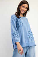 Easel Solid Color Terry Knit Raised Flower Patch Top in Denim