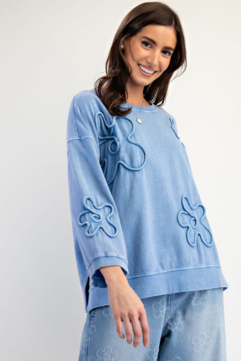 Easel Solid Color Terry Knit Raised Flower Patch Top in Denim