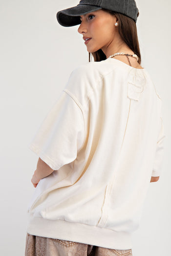 Easel Solid Color Terry Knit Top with USA Mixed Fabric Patches on Front in Ivory