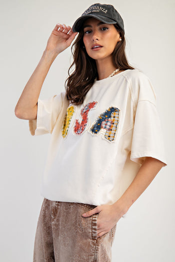 Easel Solid Color Terry Knit Top with USA Mixed Fabric Patches on Front in Ivory