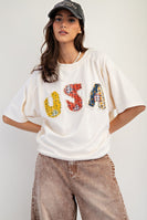 Easel Solid Color Terry Knit Top with USA Mixed Fabric Patches on Front in Ivory