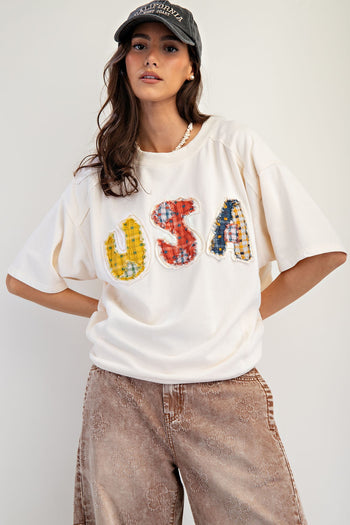Easel Solid Color Terry Knit Top with USA Mixed Fabric Patches on Front in Ivory