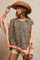 BiBi Leopard and Striped Print Top in Peach