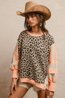 BiBi Leopard and Striped Print Top in Peach