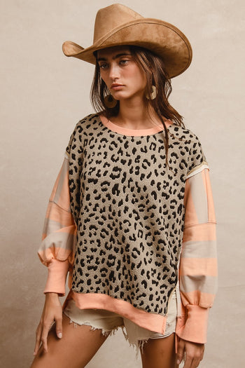BiBi Leopard and Striped Print Top in Peach