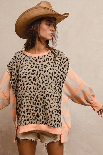 BiBi Leopard and Striped Print Top in Peach