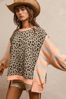 BiBi Leopard and Striped Print Top in Peach