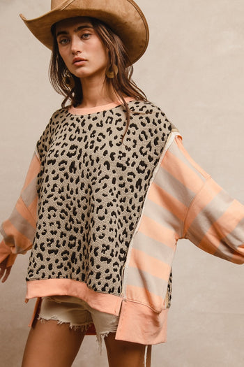 BiBi Leopard and Striped Print Top in Peach