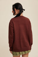 Listicle Cable Knit and Flower Detail Knit Sweater in Burgundy