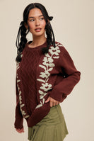 Listicle Cable Knit and Flower Detail Knit Sweater in Burgundy