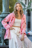 BlueVelvet Open Front Hooded Embroidered Cardigan in Pink ON ORDER