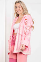 BlueVelvet Open Front Hooded Embroidered Cardigan in Pink ON ORDER