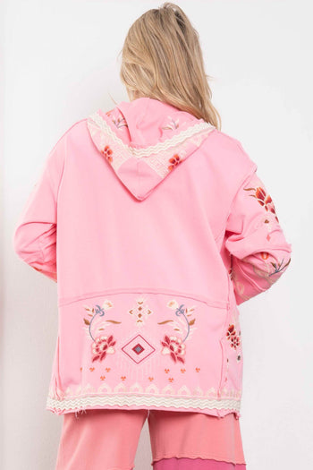 BlueVelvet Open Front Hooded Embroidered Cardigan in Pink ON ORDER