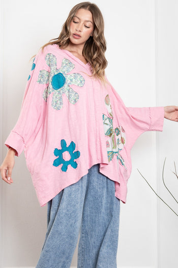 BlueVelvet OVERSIZED Flower Patched Cotton Top in Pink