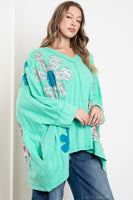 BlueVelvet OVERSIZED Flower Patched Cotton Top in Mint Green