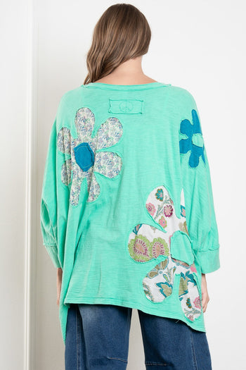 BlueVelvet OVERSIZED Flower Patched Cotton Top in Mint Green