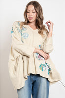 BlueVelvet OVERSIZED Flower Patched Cotton Top in Oatmeal