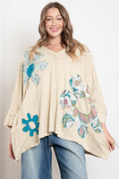BlueVelvet OVERSIZED Flower Patched Cotton Top in Oatmeal