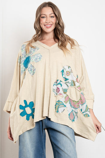 BlueVelvet OVERSIZED Flower Patched Cotton Top in Oatmeal