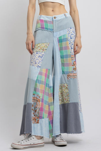BlueVelvet Multi Contrast Patchwork Pants in Sky Blue-Mint