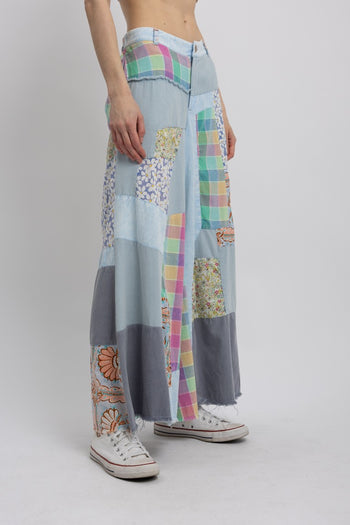 BlueVelvet Multi Contrast Patchwork Pants in Sky Blue-Mint