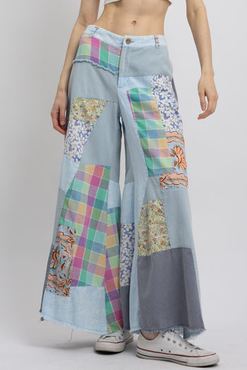 BlueVelvet Multi Contrast Patchwork Pants in Sky Blue-Mint