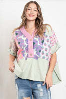 BlueVelvet OVERSIZED Contrasting V Neck Top in Mint-Multi