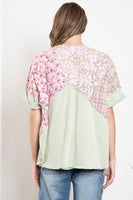 BlueVelvet OVERSIZED Contrasting V Neck Top in Mint-Multi