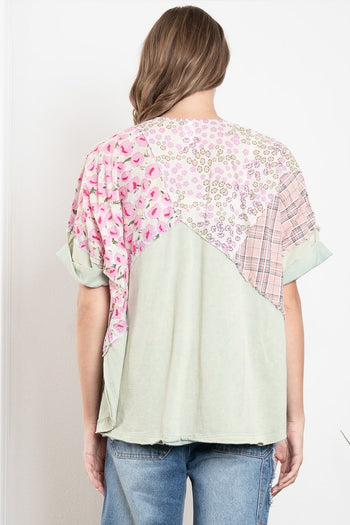 BlueVelvet OVERSIZED Contrasting V Neck Top in Mint-Multi