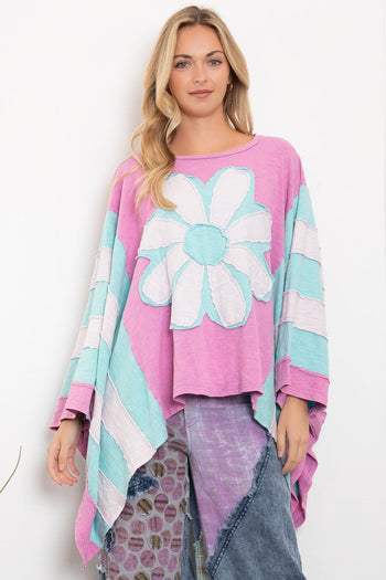 BlueVelvet OVERSIZED Stripe and Flower Patched Poncho Top in Pink-Blue