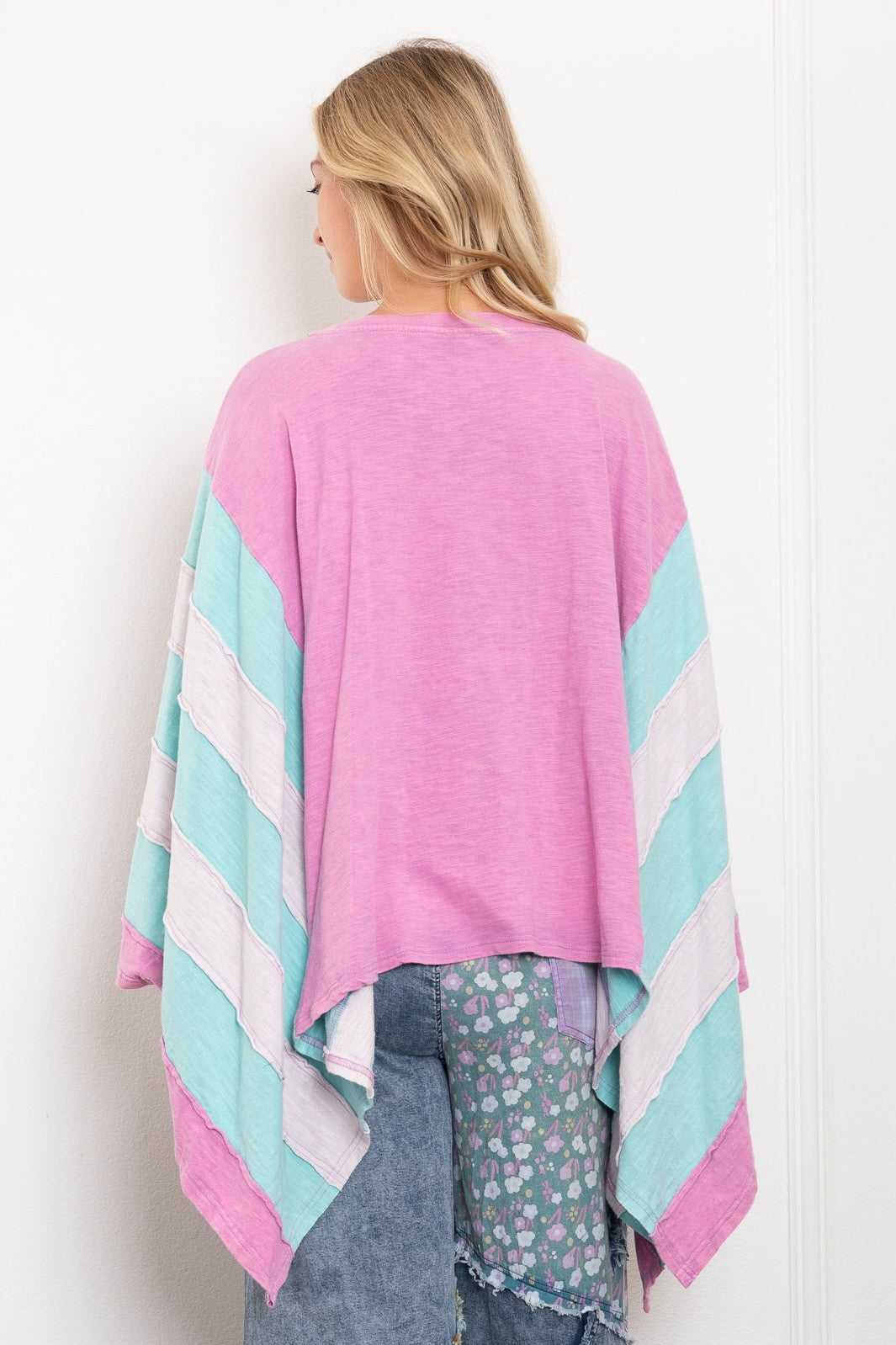 BlueVelvet OVERSIZED Stripe and Flower Patched Poncho Top in Pink