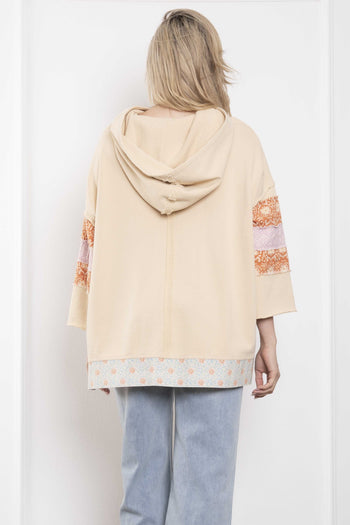 BlueVelvet Terry Knit Pullover Top with Contrasting Print Bow Patches and Stripes in Natural