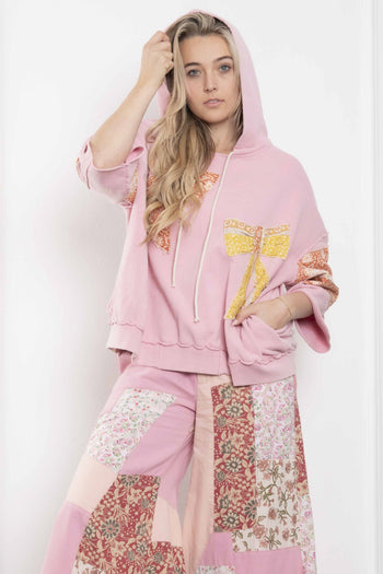 BlueVelvet Terry Knit Pullover Top with Contrasting Print Bow Patches and Stripes in Light Pink