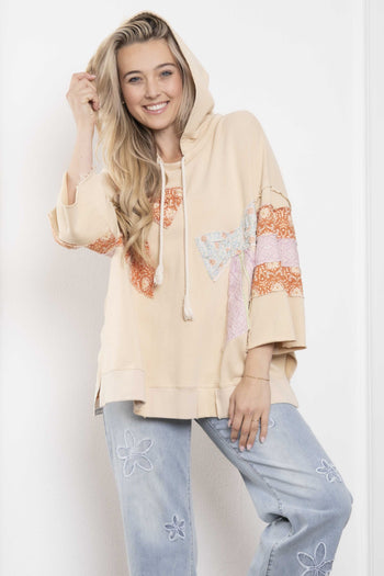 BlueVelvet Terry Knit Pullover Top with Contrasting Print Bow Patches and Stripes in Natural