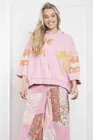 BlueVelvet Terry Knit Pullover Top with Contrasting Print Bow Patches and Stripes in Light Pink