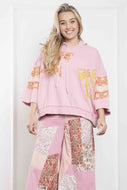BlueVelvet Terry Knit Pullover Top with Contrasting Print Bow Patches and Stripes in Light Pink