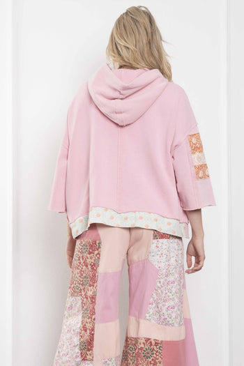 BlueVelvet Terry Knit Pullover Top with Contrasting Print Bow Patches and Stripes in Light Pink