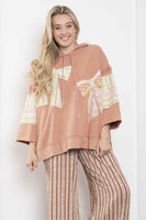 BlueVelvet Terry Knit Pullover Top with Contrasting Print Bow Patches and Stripes in Terracotta