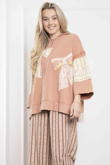 BlueVelvet Terry Knit Pullover Top with Contrasting Print Bow Patches and Stripes in Terracotta