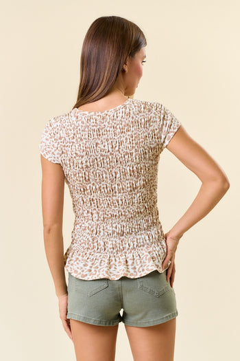 Doe & Rae Leopard Print Smocked Bodice Top in Tan