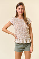 Doe & Rae Leopard Print Smocked Bodice Top in Tan