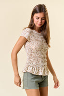 Doe & Rae Leopard Print Smocked Bodice Top in Tan