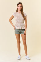 Doe & Rae Leopard Print Smocked Bodice Top in Tan