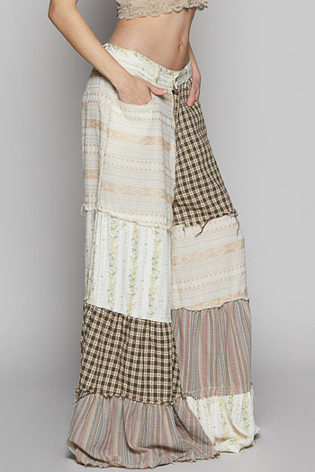 POL Contrasting Panel Patchwork Wide Leg Pants in Natural Multi